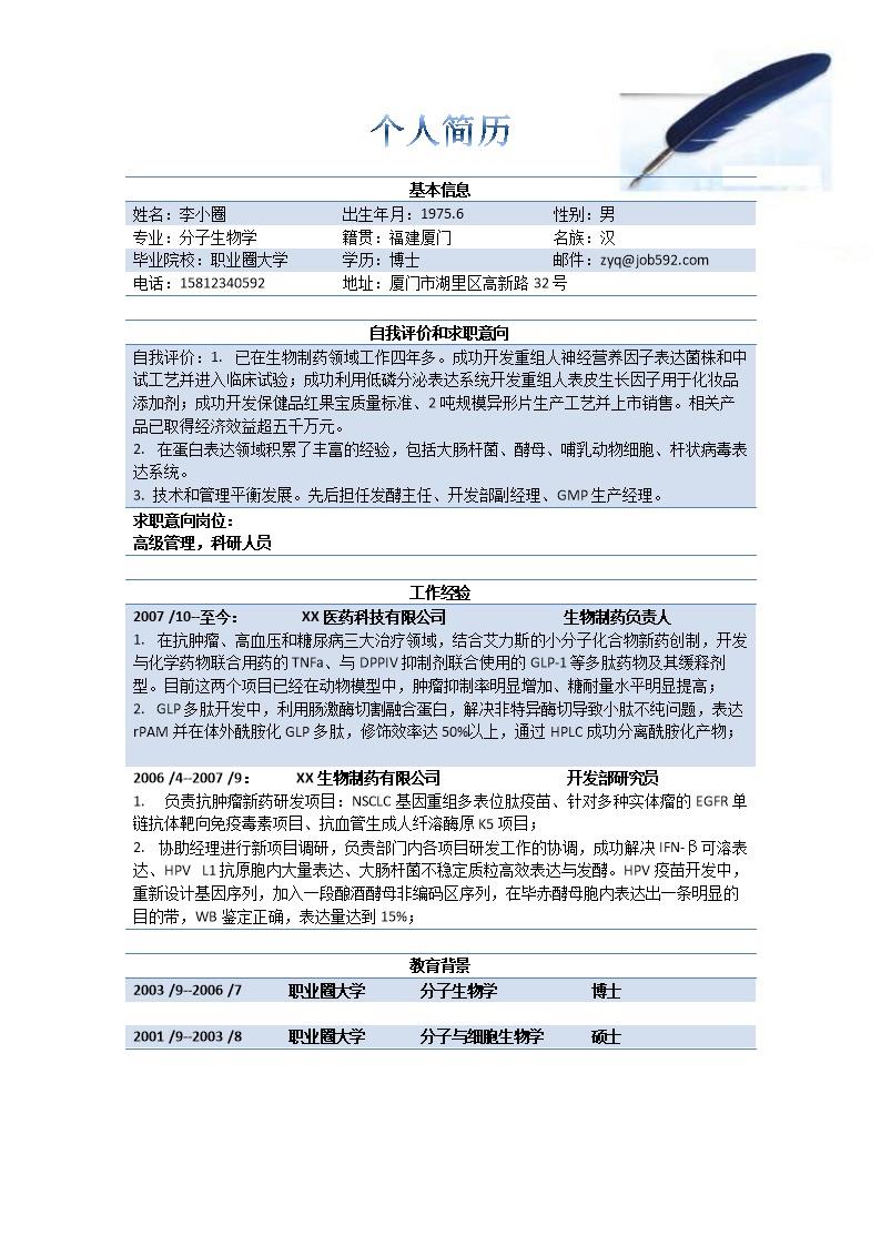 3199_分子生物学博士求职简历模板---高技术人才  - 生物技术简历模板